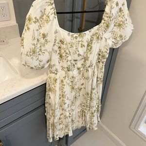 White & Green Floral Puff Sleeve Dress